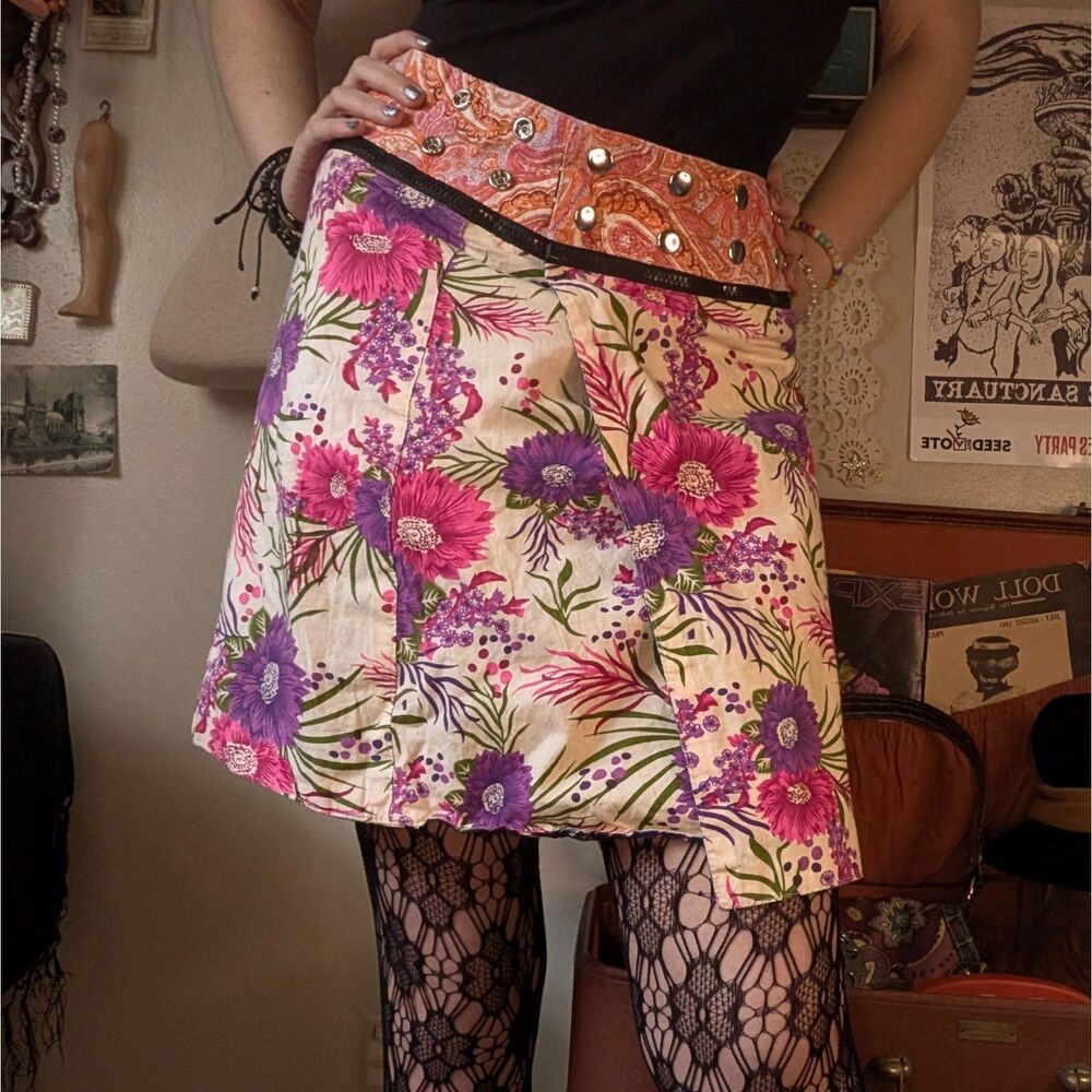 Zand Amsterdam Reversible Wrap Mini Skirt Women's One Size Paisley Floral - Picture 3 of 12